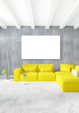 Beyaz yatak odası en az stil iç tasarım ahşap duvar ve gri Kanepeli. 3D render. 3D çizim