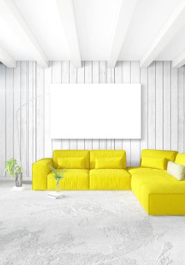 Beyaz yatak odası en az stil iç tasarım ahşap duvar ve gri Kanepeli. 3D render. 3D çizim