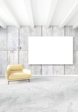 Beyaz yatak odası en az stil iç tasarım ahşap duvar ve gri Kanepeli. 3D render. 3D çizim