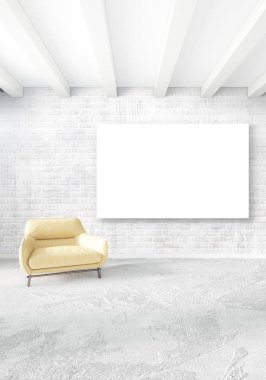 Beyaz yatak odası en az stil iç tasarım ahşap duvar ve gri Kanepeli. 3D render. 3D çizim