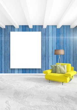 Beyaz yatak odası en az stil iç tasarım ahşap duvar ve gri Kanepeli. 3D render. 3D çizim