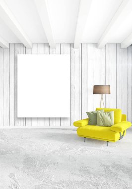 Beyaz yatak odası en az stil iç tasarım ahşap duvar ve gri Kanepeli. 3D render. 3D çizim