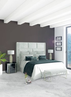 Beyaz yatak odası en az stil iç tasarım ahşap duvar ve gri Kanepeli. 3D render. 3D çizim