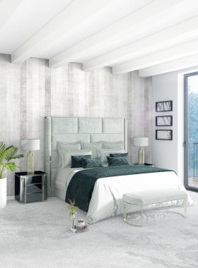 Beyaz yatak odası en az stil iç tasarım ahşap duvar ve gri Kanepeli. 3D render. 3D çizim