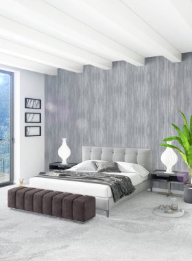 Beyaz yatak odası en az stil iç tasarım ahşap duvar ve gri Kanepeli. 3D render. 3D çizim