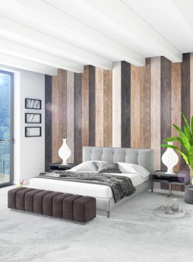 Beyaz yatak odası en az stil iç tasarım ahşap duvar ve gri Kanepeli. 3D render. 3D çizim