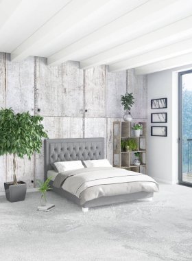 Beyaz yatak odası en az stil iç tasarım ahşap duvar ve gri Kanepeli. 3D render. 3D çizim