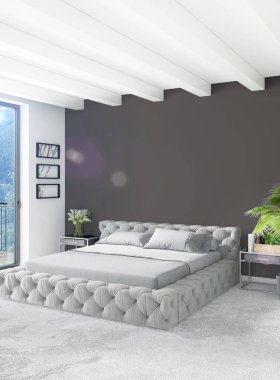 Beyaz yatak odası en az stil iç tasarım ahşap duvar ve gri Kanepeli. 3D render. 3D çizim