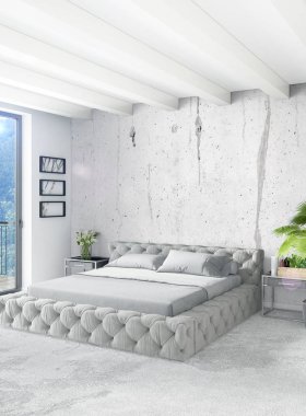 Beyaz yatak odası en az stil iç tasarım ahşap duvar ve gri Kanepeli. 3D render. 3D çizim
