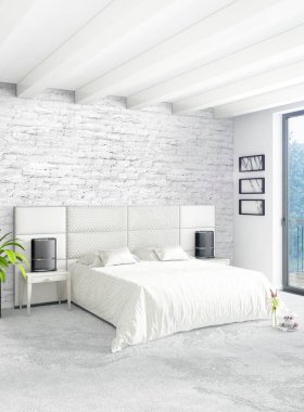 Beyaz yatak odası en az stil iç tasarım ahşap duvar ve gri Kanepeli. 3D render. 3D çizim