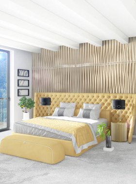 Beyaz yatak odası en az stil iç tasarım ahşap duvar ve gri Kanepeli. 3D render. 3D çizim