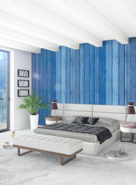 Beyaz yatak odası en az stil iç tasarım ahşap duvar ve gri Kanepeli. 3D render. 3D çizim