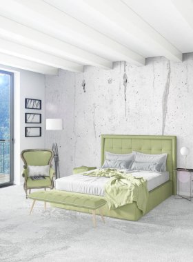 Beyaz yatak odası en az stil iç tasarım ahşap duvar ve gri Kanepeli. 3D render. 3D çizim