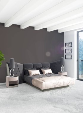 Beyaz yatak odası en az stil iç tasarım ahşap duvar ve gri Kanepeli. 3D render. 3D çizim