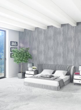 Beyaz yatak odası en az stil iç tasarım ahşap duvar ve gri Kanepeli. 3D render. 3D çizim