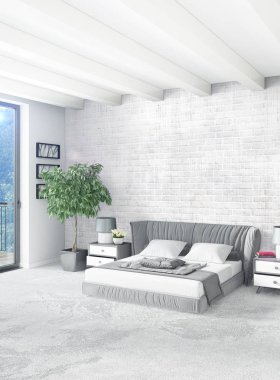 Beyaz yatak odası en az stil iç tasarım ahşap duvar ve gri Kanepeli. 3D render. 3D çizim