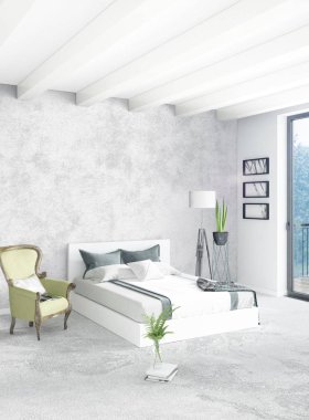 Beyaz yatak odası en az stil iç tasarım ahşap duvar ve gri Kanepeli. 3D render. 3D çizim