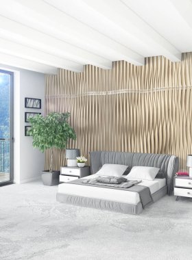 Beyaz yatak odası en az stil iç tasarım ahşap duvar ve gri Kanepeli. 3D render. 3D çizim