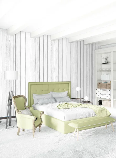 Beyaz yatak odası en az stil iç tasarım ahşap duvar ve gri Kanepeli. 3D render. 3D çizim