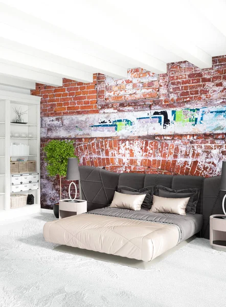 Beyaz yatak odası en az stil iç tasarım ahşap duvar ve gri Kanepeli. 3D render. 3D çizim