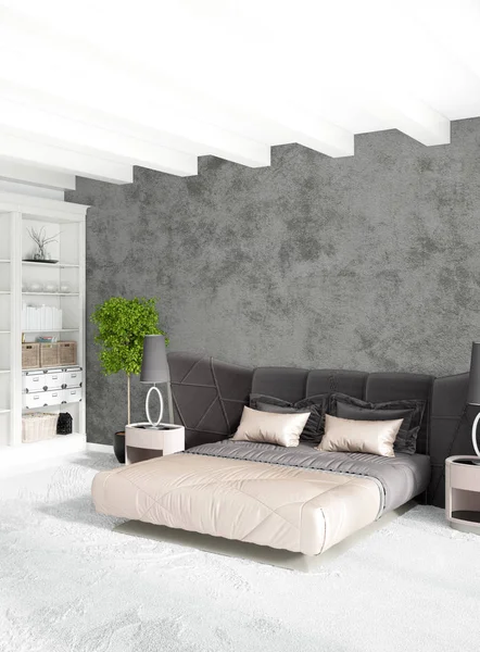 Beyaz yatak odası en az stil iç tasarım ahşap duvar ve gri Kanepeli. 3D render. 3D çizim