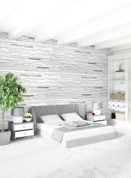 Beyaz yatak odası en az stil iç tasarım ahşap duvar ve gri Kanepeli. 3D render. 3D çizim