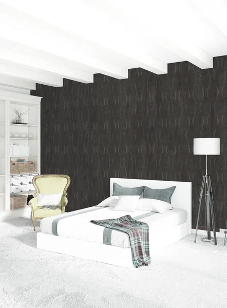 Beyaz yatak odası en az stil iç tasarım ahşap duvar ve gri Kanepeli. 3D render. 3D çizim