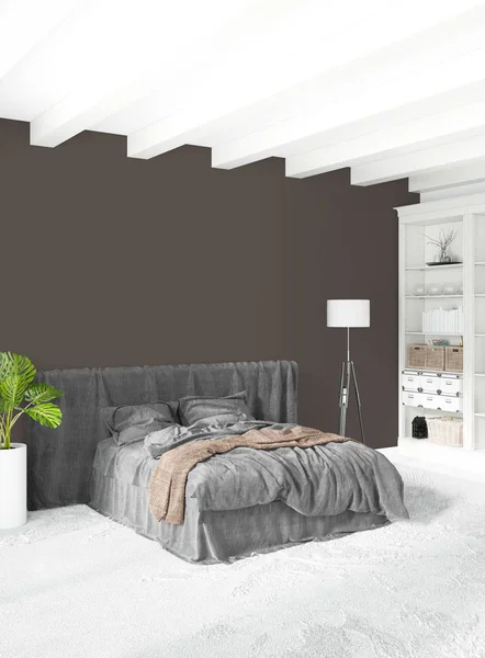 Στυλ minimal λευκό υπνοδωμάτιο εσωτερικό σχεδιασμό με ξύλινα τοίχων και γκρι καναπέ. 3D rendering. 3D απεικόνιση — Φωτογραφία Αρχείου