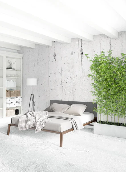 Beyaz yatak odası en az stil iç tasarım ahşap duvar ve gri Kanepeli. 3D render. 3D çizim
