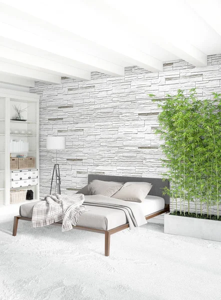 Beyaz yatak odası en az stil iç tasarım ahşap duvar ve gri Kanepeli. 3D render. 3D çizim