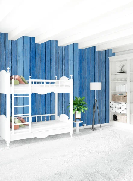 Beyaz yatak odası en az stil iç tasarım ahşap duvar ve gri Kanepeli. 3D render. 3D çizim