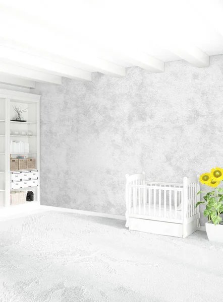 Beyaz yatak odası en az stil iç tasarım ahşap duvar ve gri Kanepeli. 3D render. 3D çizim