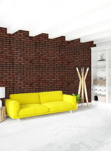 Beyaz yatak odası en az stil iç tasarım ahşap duvar ve gri Kanepeli. 3D render. 3D çizim