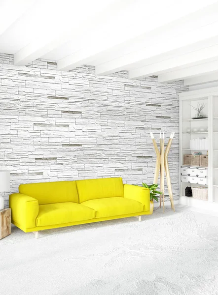 Beyaz yatak odası en az stil iç tasarım ahşap duvar ve gri Kanepeli. 3D render. 3D çizim