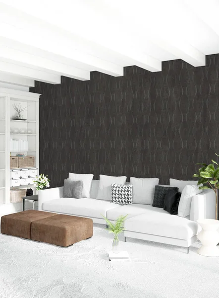 Beyaz yatak odası en az stil iç tasarım ahşap duvar ve gri Kanepeli. 3D render. 3D çizim