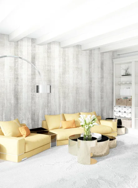 Beyaz yatak odası en az stil iç tasarım ahşap duvar ve gri Kanepeli. 3D render. 3D çizim