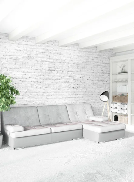 Beyaz yatak odası en az stil iç tasarım ahşap duvar ve gri Kanepeli. 3D render. 3D çizim
