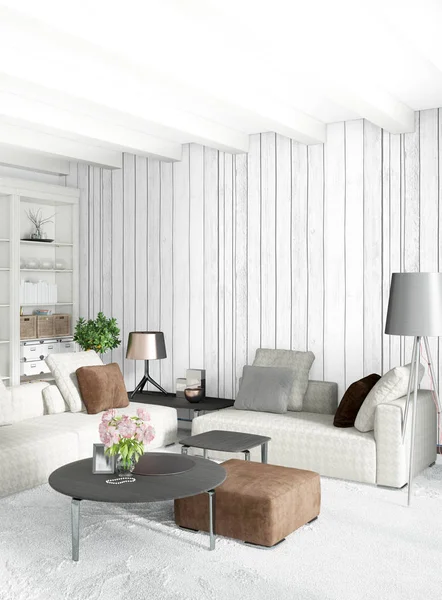 Beyaz yatak odası en az stil iç tasarım ahşap duvar ve gri Kanepeli. 3D render. 3D çizim