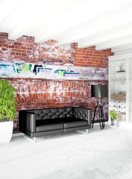 Beyaz yatak odası en az stil iç tasarım ahşap duvar ve gri Kanepeli. 3D render. 3D çizim