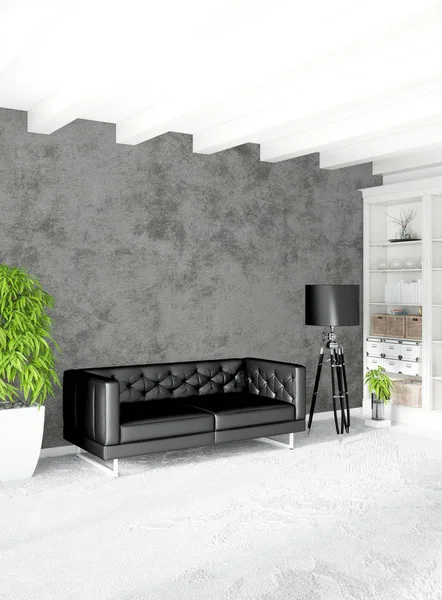 Beyaz yatak odası en az stil iç tasarım ahşap duvar ve gri Kanepeli. 3D render. 3D çizim