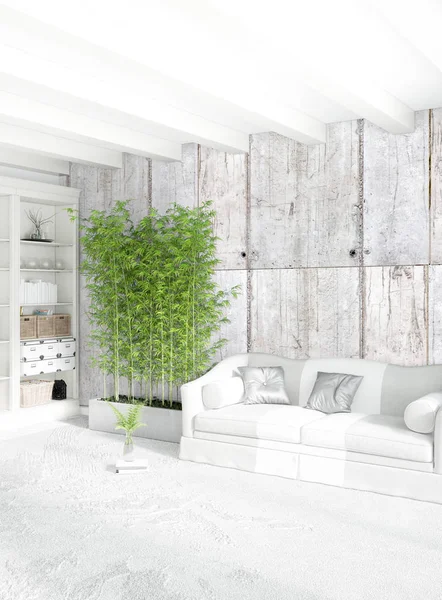 Beyaz yatak odası en az stil iç tasarım ahşap duvar ve gri Kanepeli. 3D render. 3D çizim