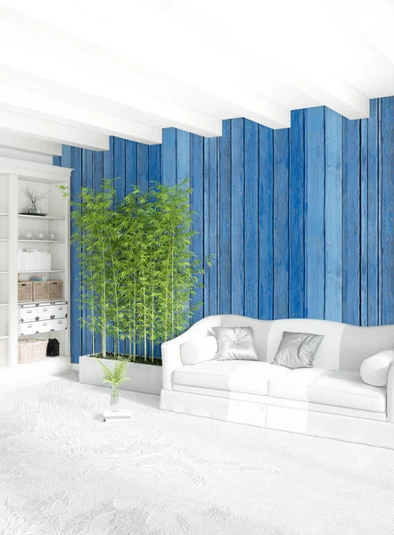 Beyaz yatak odası en az stil iç tasarım ahşap duvar ve gri Kanepeli. 3D render. 3D çizim