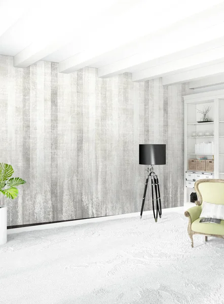 Beyaz yatak odası en az stil iç tasarım ahşap duvar ve gri Kanepeli. 3D render. 3D çizim