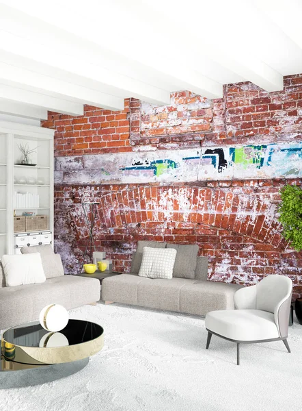 Beyaz yatak odası en az stil iç tasarım ahşap duvar ve gri Kanepeli. 3D render. 3D çizim