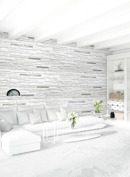 Beyaz yatak odası en az stil iç tasarım ahşap duvar ve gri Kanepeli. 3D render. 3D çizim