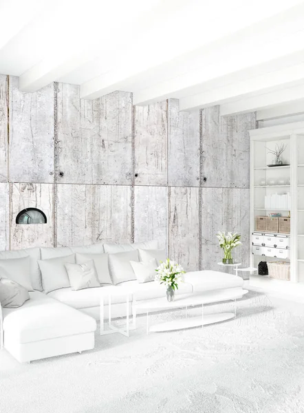 Beyaz yatak odası en az stil iç tasarım ahşap duvar ve gri Kanepeli. 3D render. 3D çizim