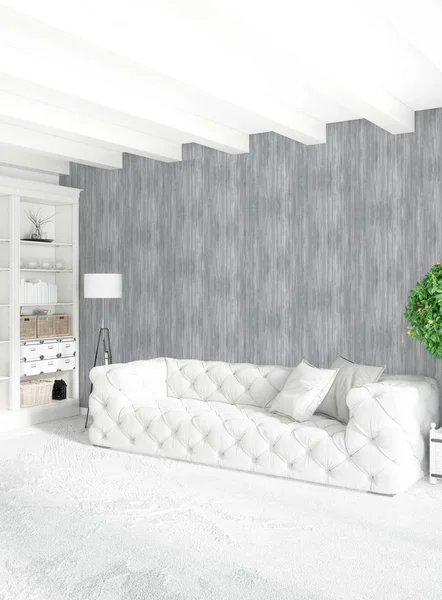 Beyaz yatak odası en az stil iç tasarım ahşap duvar ve gri Kanepeli. 3D render. 3D çizim