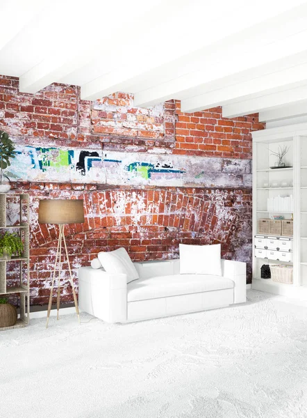 Beyaz yatak odası en az stil iç tasarım ahşap duvar ve gri Kanepeli. 3D render. 3D çizim