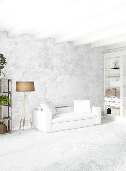 Beyaz yatak odası en az stil iç tasarım ahşap duvar ve gri Kanepeli. 3D render. 3D çizim