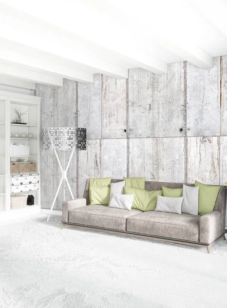 Beyaz yatak odası en az stil iç tasarım ahşap duvar ve gri Kanepeli. 3D render. 3D çizim